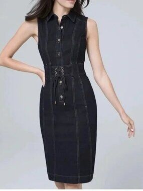 Denim Shirt Dress Size 6 Sleeveless Fitted Stretchy Dark Wash Office Knee Length